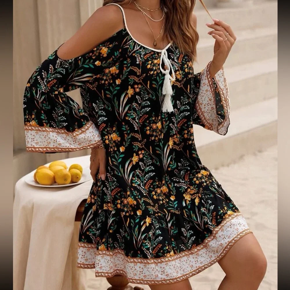Boho Floral Print Cold Shoulder Flare Sleeve Tassel Tie Dress - Picture 13 of 16